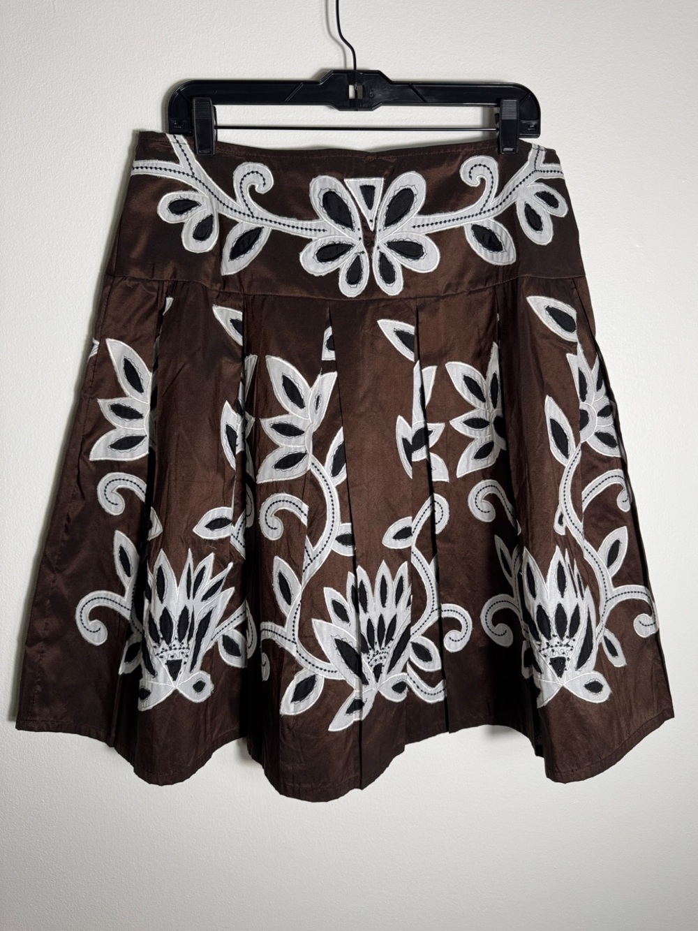 Vintage 5 Star Brown White Applique Embroidered Pleated Flare Midi Skirt XL
